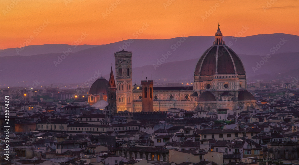 Florence Cathedral taken from Piazzale Michelangelo (Michelangelo Park) at sunset, Florence, Italy.  Texture overlay applied to make it look more like a painting.