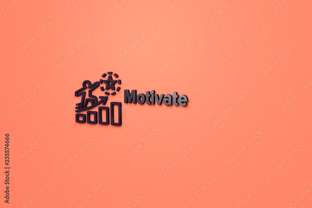 3D illustration of Motivate, dark-violet color and dark-violet text with orange background.