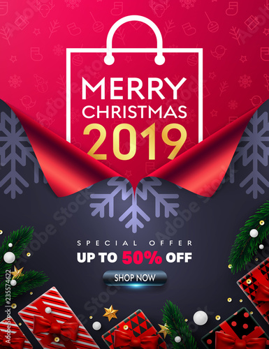 Merry Christmas 2019 Promotion Poster or banner with shopping bag and open new year gift wrap paper concept.Promotion or shopping template for Christmas or New Year.Vector EPS10