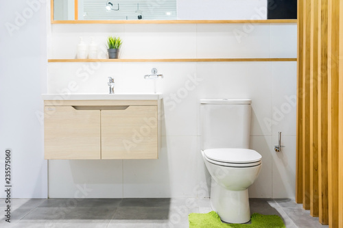 Luxury bathroom interior with toilet bowl, mirror and modern basin cabinet for home, house, building, hotel, resort