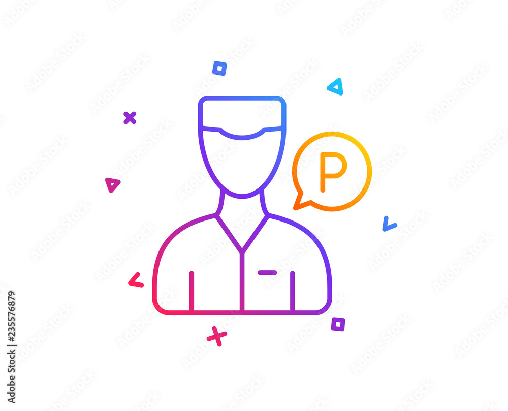 Valet servant line icon. Parking person sign. Transport park service symbol. Gradient line button. Valet servant icon design. Colorful geometric shapes. Vector Valet servant line icon. Parking person sign. Transport park service symbol. Gradient line button. Valet servant icon design. Colorful geometric shapes. Vector