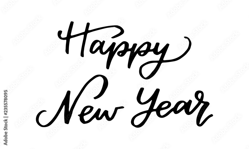 Black color hand writing in word happy new year on white background (vector)