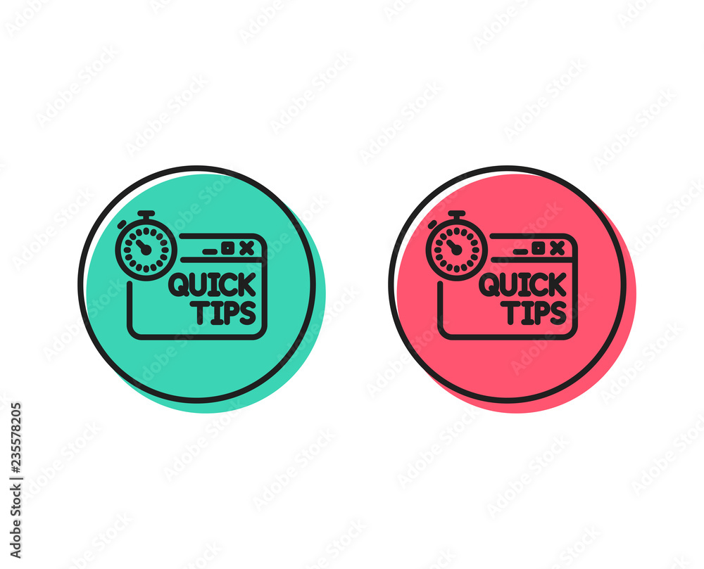 Quick tips line icon. Helpful tricks sign. Tutorials with timer symbol. Positive and negative circle buttons concept. Good or bad symbols. Quick tips Vector Quick tips line icon. Helpful tricks sign. Tutorials with timer symbol. Positive and negative circle buttons concept. Good or bad symbols. Quick tips Vector