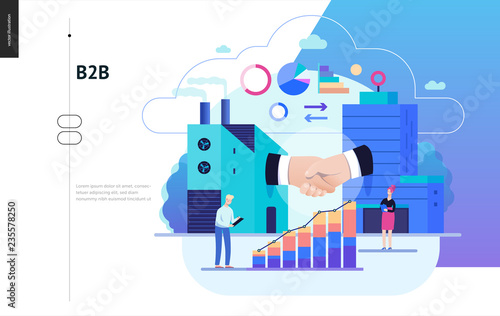 Business series, color 2 - b2b. business to business - modern flat vector illustration concept of b2b - a factory and a corporate buildings shaking their hands. Creative landing page design template