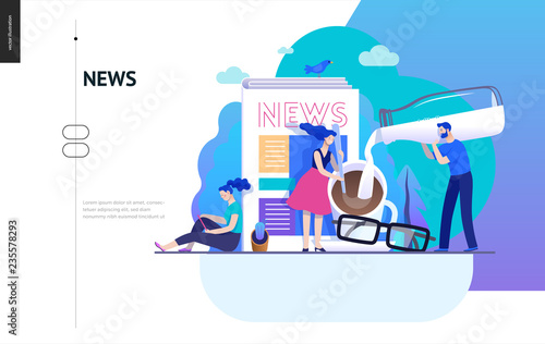 Business series, color 2 -news or articles -modern flat vector illustration concept of people preparing coffee with milk and woman reading news on phone, glasses. Creative landing page design template