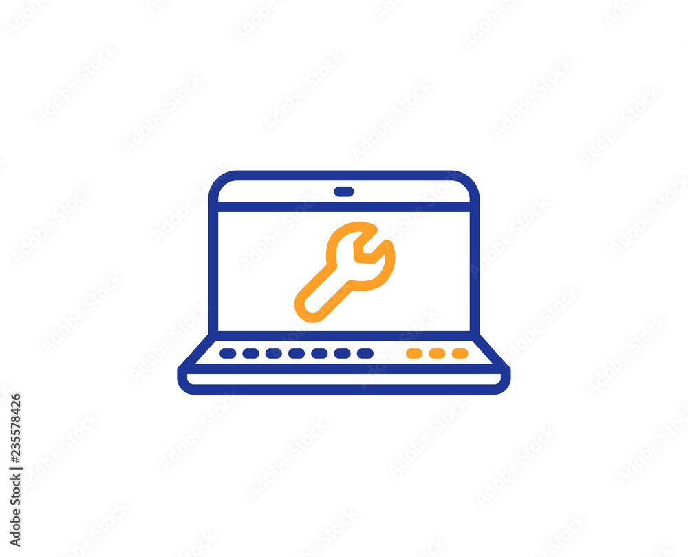 Spanner tool line icon. Laptop repair service sign. Fix instruments symbol. Colorful outline concept. Blue and orange thin line color Laptop repair icon. Vector Spanner tool line icon. Laptop repair service sign. Fix instruments symbol. Colorful outline concept. Blue and orange thin line color Laptop repair icon. Vector
