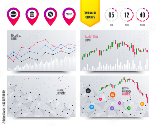 Financial planning charts. Sale speech bubble icon. Discount star symbol. Black friday sign. Big sale shopping bag. Cryptocurrency stock market graphs icons. Trendy design. Vector