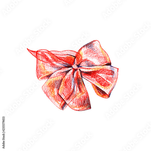 Big new wedding satin light bow design isolated on white backdrop. Freehand color pencil hand drawn sign sketchy in art doodle retro style on paper.