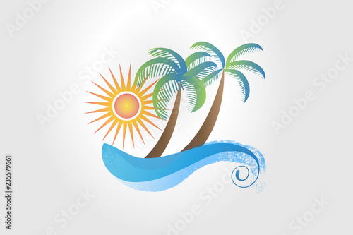 Summer tropical palm trees, sun and waves watercolor icon logo vector