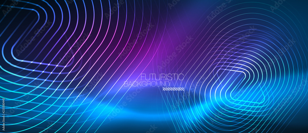 Neon glowing techno lines, hi-tech futuristic abstract background template with geometric shapes Neon glowing techno lines, hi-tech futuristic abstract background template with geometric shapes