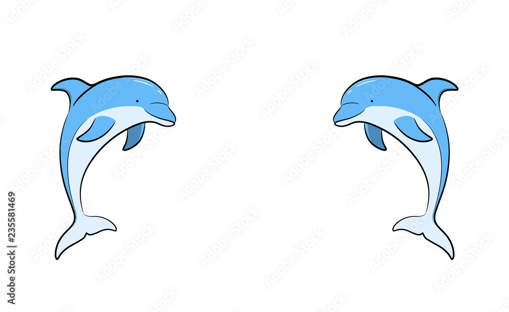 Fototapeta premium Ręcznie rysowane ilustracja kreskówka wektor bliźniaczych delfinów naprzeciw siebie