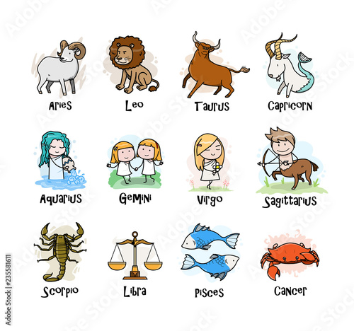 A collection of Zodiac symbols icon, hand drawn vector cartoon illustration of cute zodiac signs