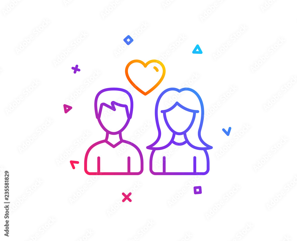Couple with Heart line icon. Users Group sign. Male and Female Person silhouette symbol. Gradient line button. Couple love icon design. Colorful geometric shapes. Vector Couple with Heart line icon. Users Group sign. Male and Female Person silhouette symbol. Gradient line button. Couple love icon design. Colorful geometric shapes. Vector
