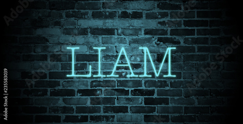first name Liam in blue neon on brick wall