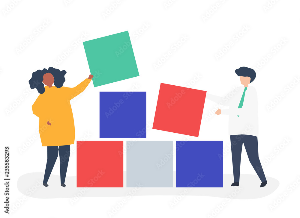 Teamwork concept illustration of a couple building blocks together Teamwork concept illustration of a couple building blocks together