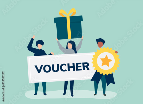Character illustration of people holding voucher icons