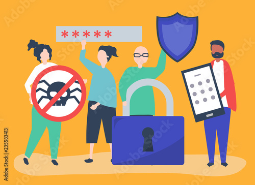 Illustration of people with privacy and security icons