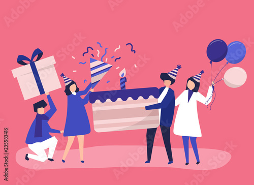Character illustration of people holding birthday party icons