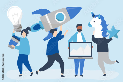 People characters holding creative business concept icons
