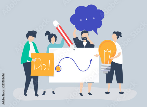 Character illustration of people holding creative ideas icons