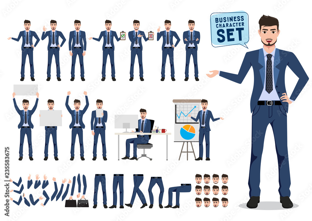Male business character vector set. Business man catoon character creation with different pose for office presentation isolated in white. Vector illustration.