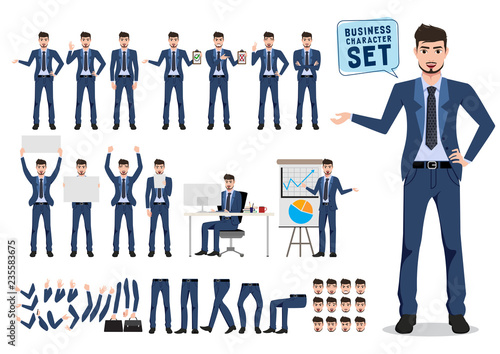 Male business character vector set. Business man catoon character creation with different pose for office presentation isolated in white. Vector illustration.