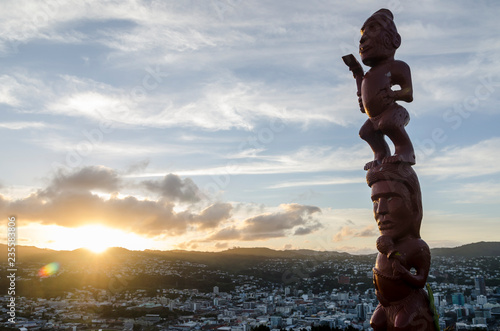 Maori Pouwhenua on top of Mount Victoria in Wellington, New Zealand photo