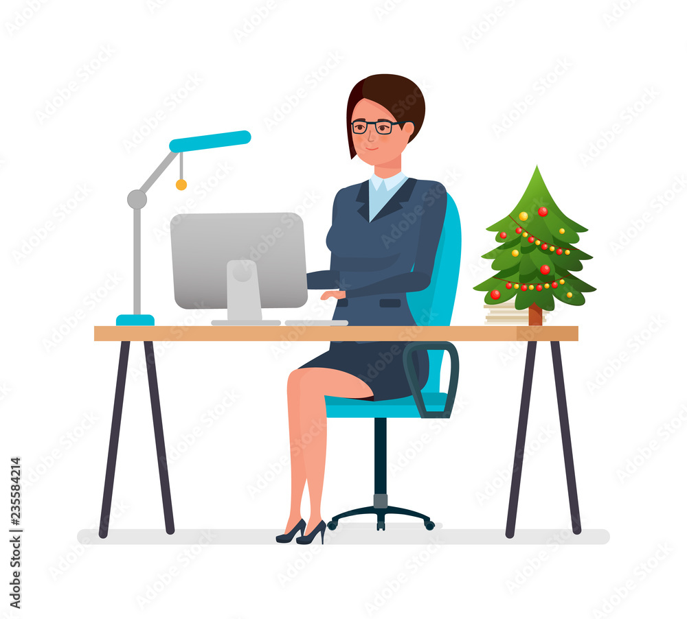Girl working at computer in office, on eve of Christmas. Girl working at computer in office, on eve of Christmas.
