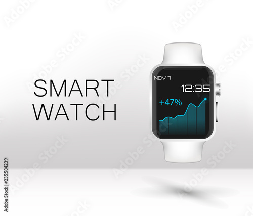 Stainless silver smart watch isolated on white. Vector detailed smart watch reflected on white surface. Watch icon on smart iwatch screen. Realistic style