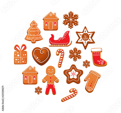 Set of Christmas gingerbread cookies with chocolate icing.