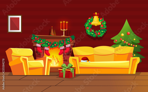 Festive Christmas living room interior, on eve of new year.