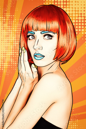 Portrait of young woman in comic pop art make-up style. Female in red wig on yellow  - orange cartoon background