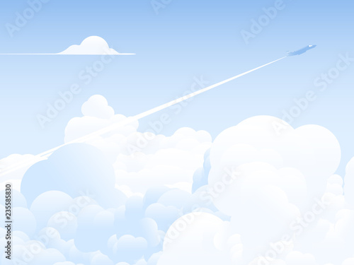Sky scenery landscape, jet flying through clouds with smoke trail above the sky, bright blue tone