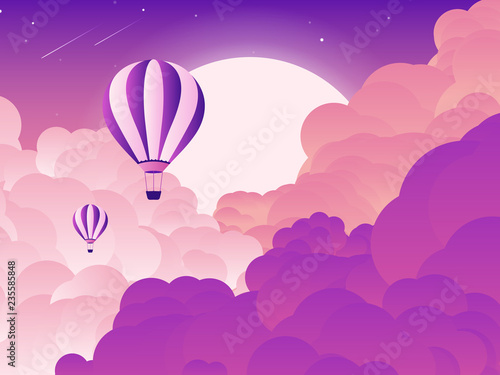 Sky scenery landscape, hot air balloons flying through clouds in the sky at night, purple tone