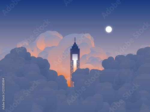 Sky scenery landscape, tall building reaches the clouds in twilight time, orange and blue tone