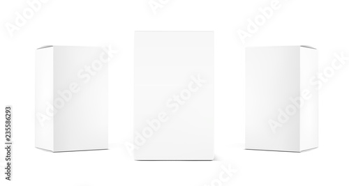 Realistic cardboard packaging boxes mockup. Vector illustration isolated on white background. Can be use for medicine, food, cosmetic and other. Ready for your design. EPS10.