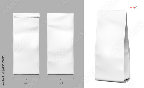Realistic vertical bag mockups. Packaging from different angles. Front, rear and perspective view. Vector illustration isolated on white background. Ready for your design. EPS10.