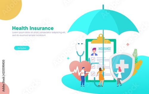 Healthcare insurance vector illustration concept, people with doctor fill health form insurance,  can use for, landing page, template, ui, web, mobile app, poster, banner, flyer