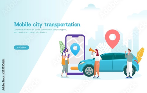 mobile city transportation vector illustration concept,  Online car sharing   with cartoon character and smartphone,  can use for, landing page, template, ui, web, mobile app, poster, banner, flyer
