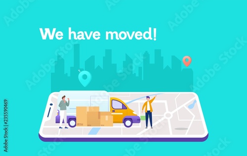 we have moved vector illustration concept, businessman carrying box cardboard from office to car , can use for, landing page, template, ui, web, mobile app, poster, banner, flyer