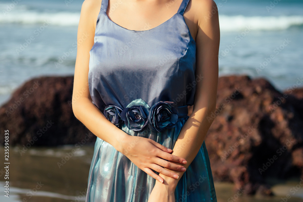 fashion pretty female model posing on a beach with rocks in a long  butterfly chameleon dress