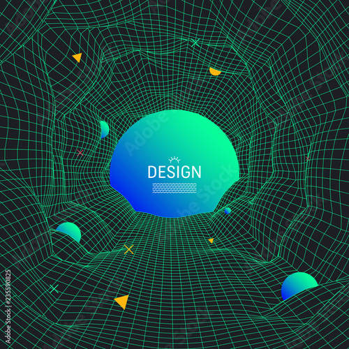 Abstract tunnel grid. 3d vector illustration. Can be used as digital dynamic wallpaper, technology background.
