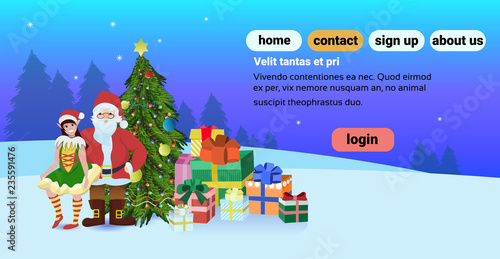 Wallpaper Mural santa claus girl elf near fir tree decorated present gift box happy new year merry christmas concept horizontal copy space flat Torontodigital.ca