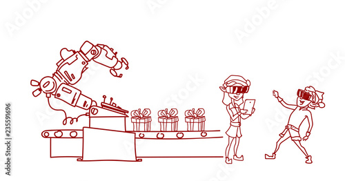 two elf santa claus helper wear virtual reality glasses control conveyor system new year merry christmas concept sketch doodle horizontal