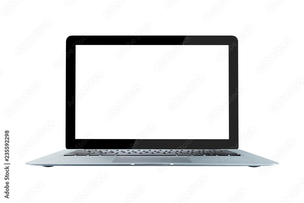 Laptop with black screen isolated on white background, white aluminum body Laptop with black screen isolated on white background, white aluminum body