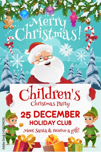 Santa with elves and gifts. Kids Christmas party