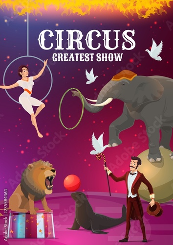 Big top circus, acrobat and magician, animal