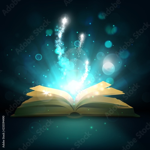 Open magic book, vector light sparkles