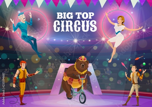 Circus acrobats, juggler and animals on arena