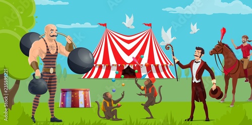 Funfair, circus show and tent, performers